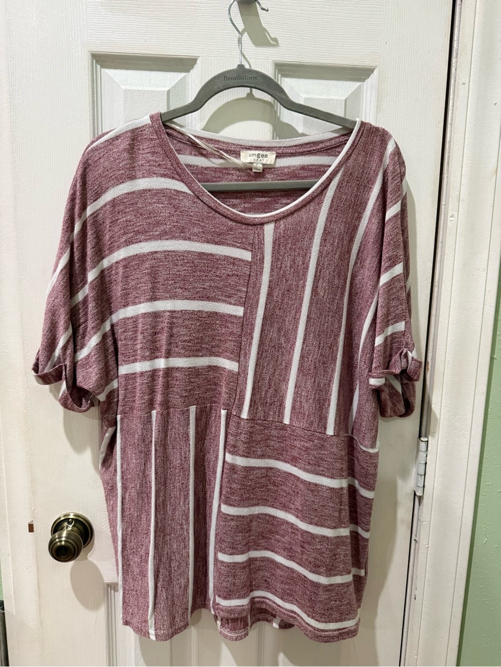 Umgee Dusty Mauve & White Striped Patchwork Top
